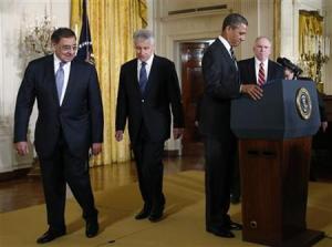 Current U.S. Secretary of Defense Panetta, new Secretary of Defense nominee Hagel, U.S. President Obama and new CIA Director nominee Brennan (R) arrive for news conference in Washington
