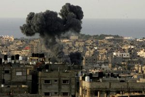 Smoke billows following Israeli air strikes in southern Gaza Strip