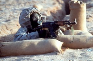 Syrian soldier wearing biohazard gear