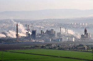 View of chimneys from a refinery in the Haifa Bay