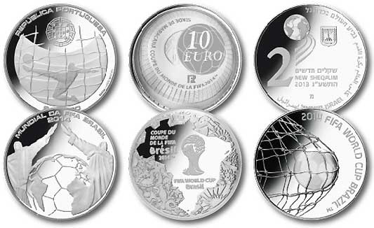 FIFA-2014-Münzneuheiten der Euroländer Portugal und Frankreich, daneben bereits 2013 erschienene Fußballmotive von Israel zu 2 Schekel Silber zur diesjährigen WM.